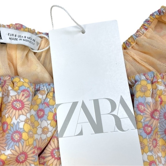 Zara Satin Effect Floral Crop Top Off-The-Shoulder Puff Shoulder Size S New - Picture 7 of 11